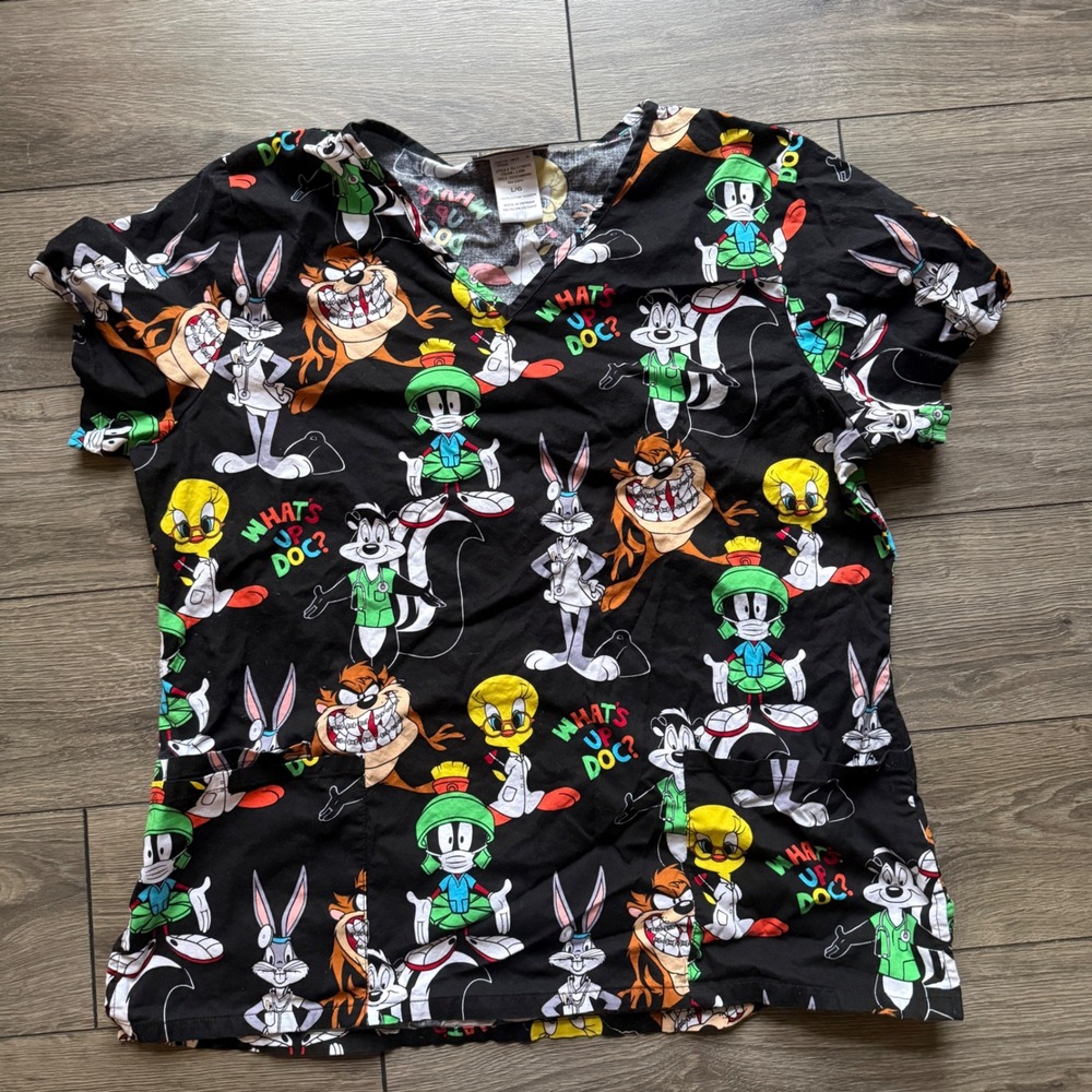 Looney Tunes Womens Scrub Top Large Black Bugs Bunny Tweety Cotton Whats Up Doc